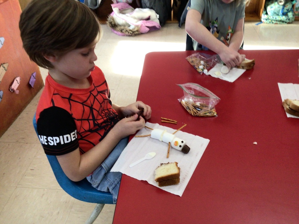 Miss Amy’s kindergarten class is really wanting some snow. We have used our imagination to play in the snow and made imaginary snowman. Today we used our snowman kit to make an edible snowman. Let it SNOW!