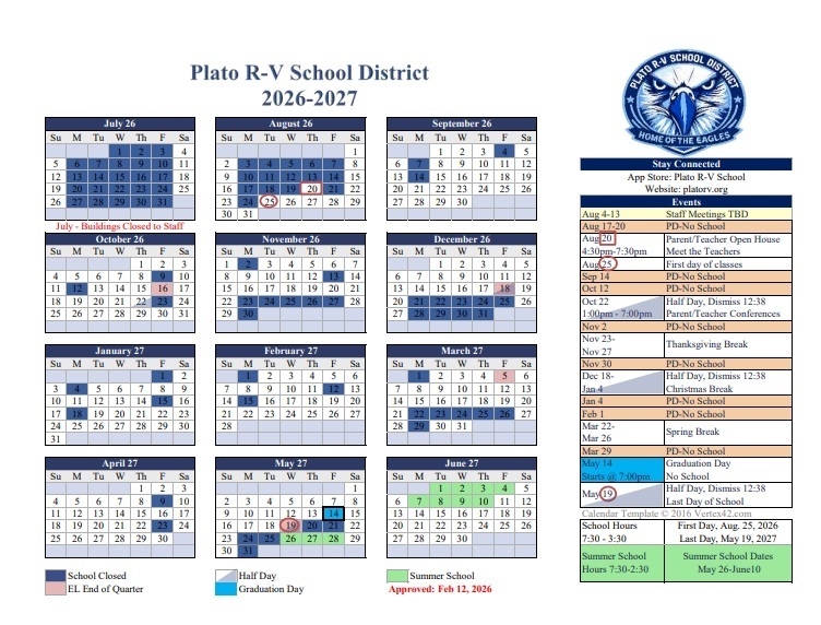 2026-2027 Plato Academic Calendar