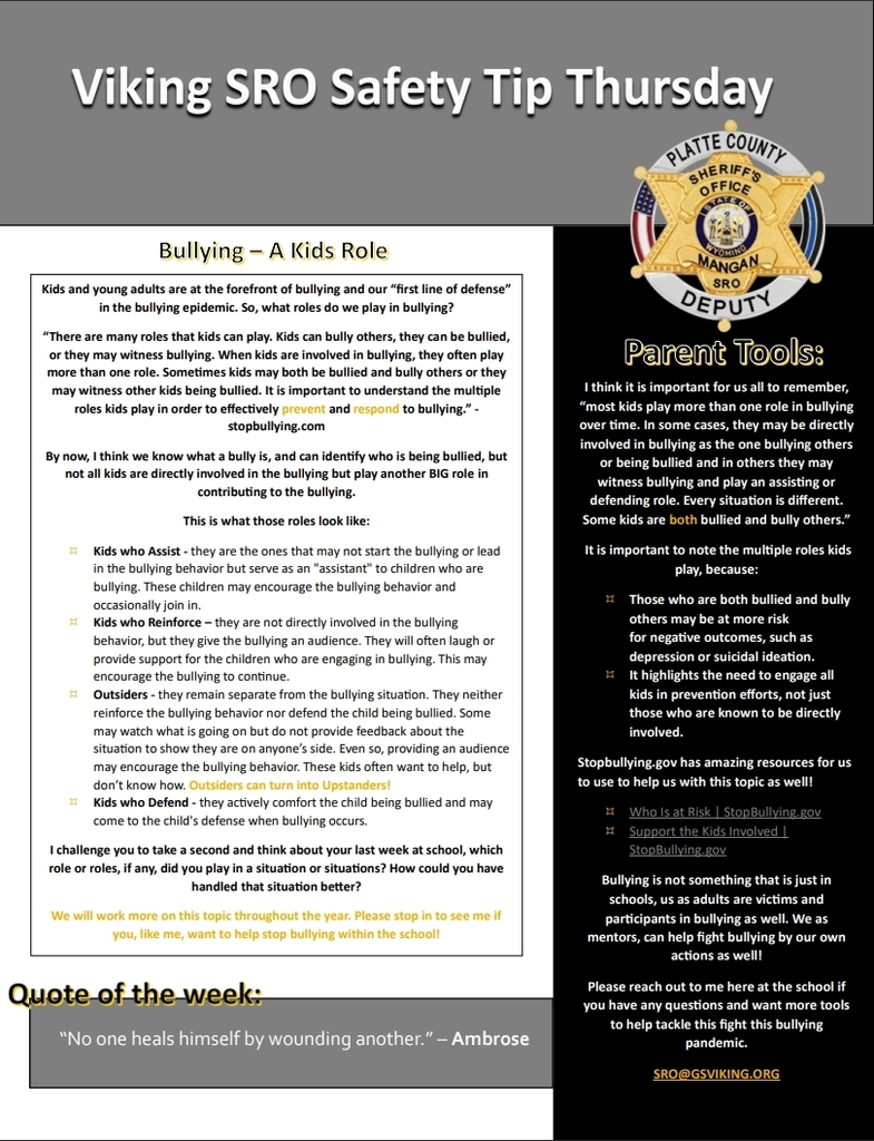 Guernsey Schools SRO Safety Tip Bullying - A Kids Role
