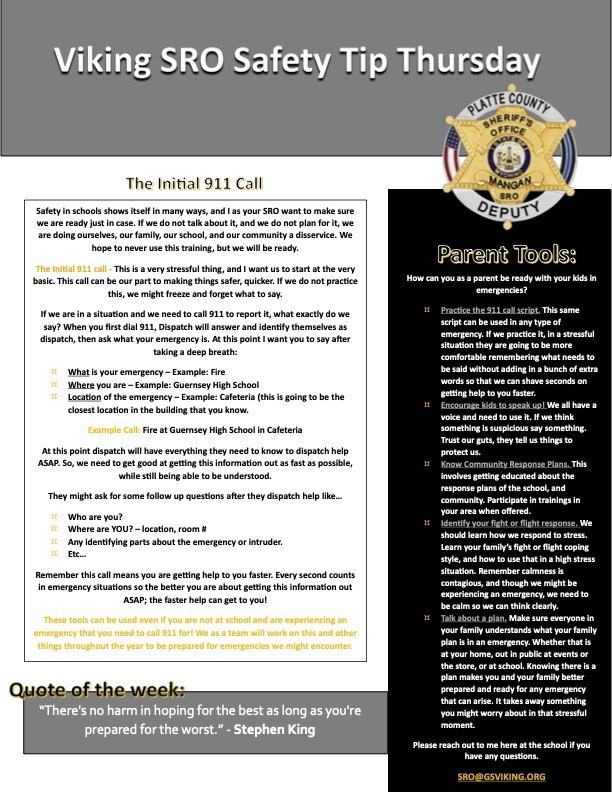 Guernsey Schools SRO Safety Tip - Inital 911 Call - No Date