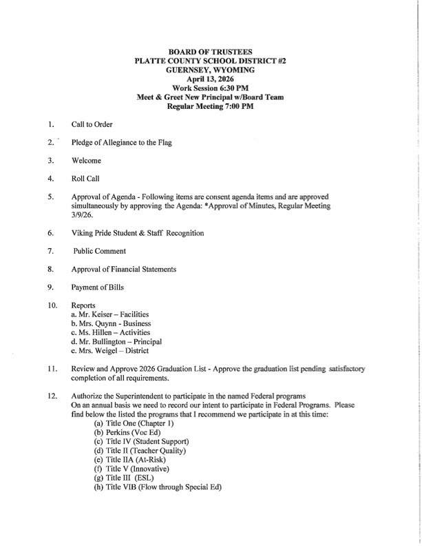 SCHOOL BOARD AGENDA APRIL,13th 2026