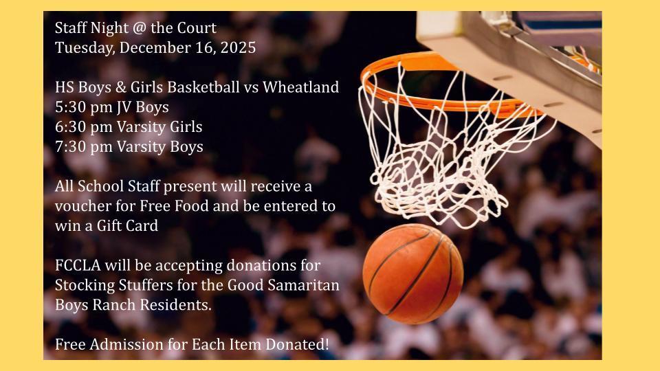 staff night at the court, FCCLA stocking stuffer donation drive