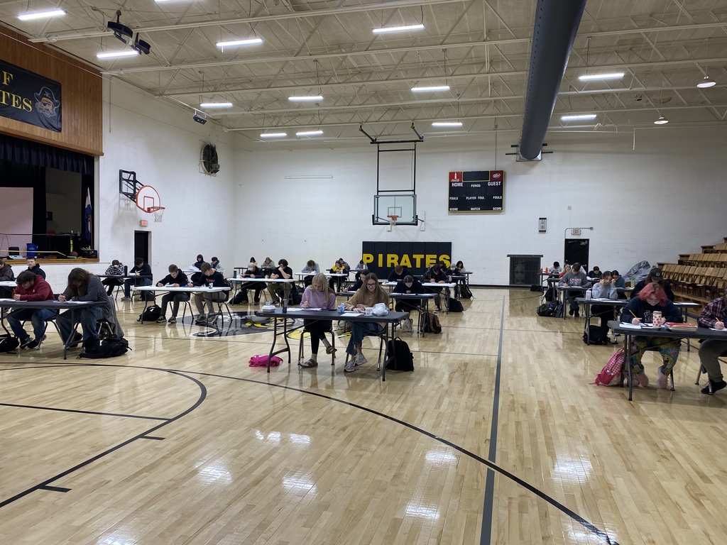 Students sitting in rows taking the ACT. 