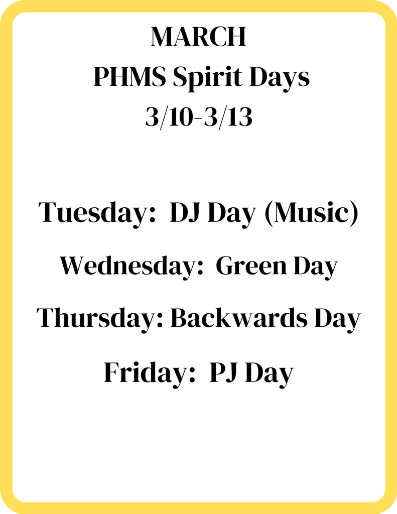 Image with Spirit Days at PHMS Tues-DJ Wed-Green Th-Backwards F-PJ