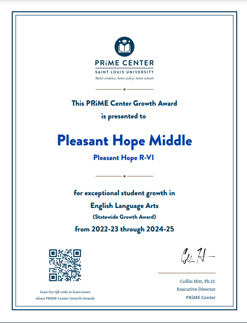 Award for ELA growth PHMS 3 years
