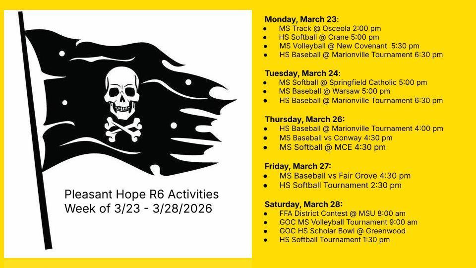 pleasant hope activities and athletics for the week of 3/23 - 3/28/2026