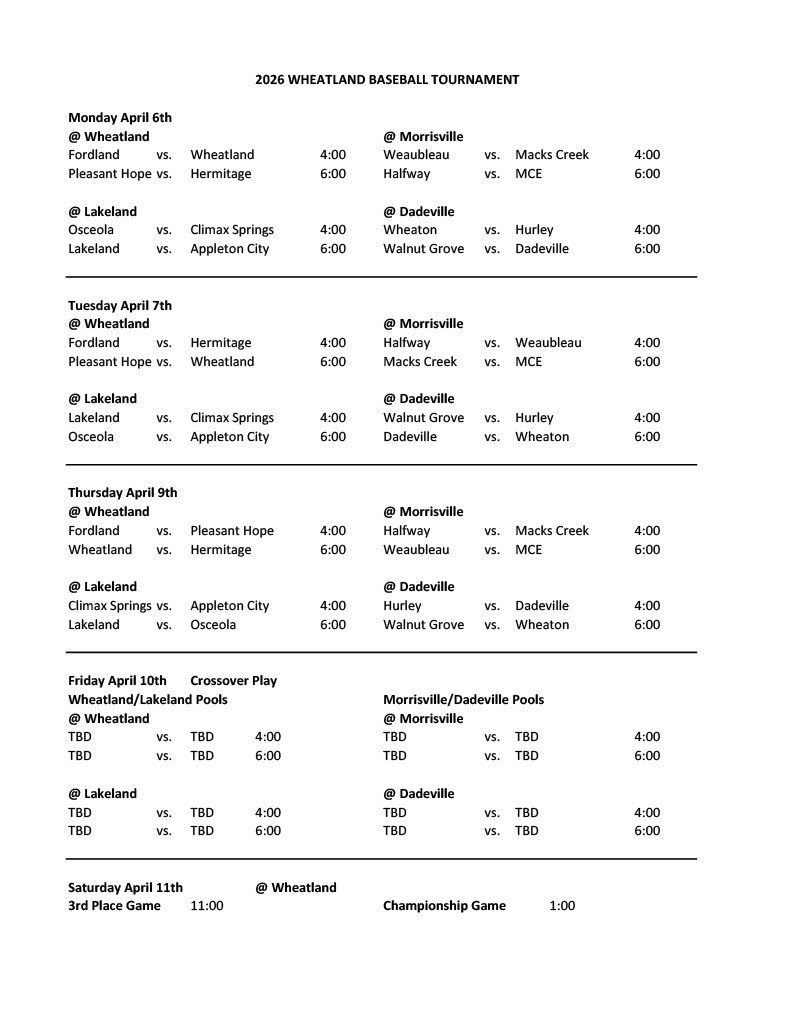 2026 Wheatland Baseball Tournament Schedule
