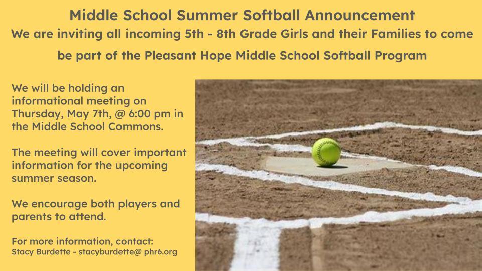 middle school summer softball announcement