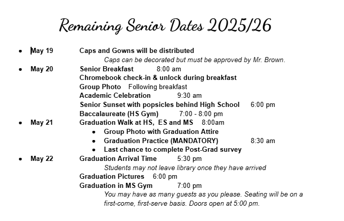 Remaining Senior Dates 2026