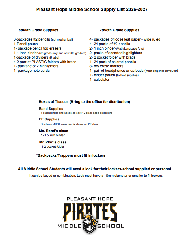 2026-2027 MS Supply List