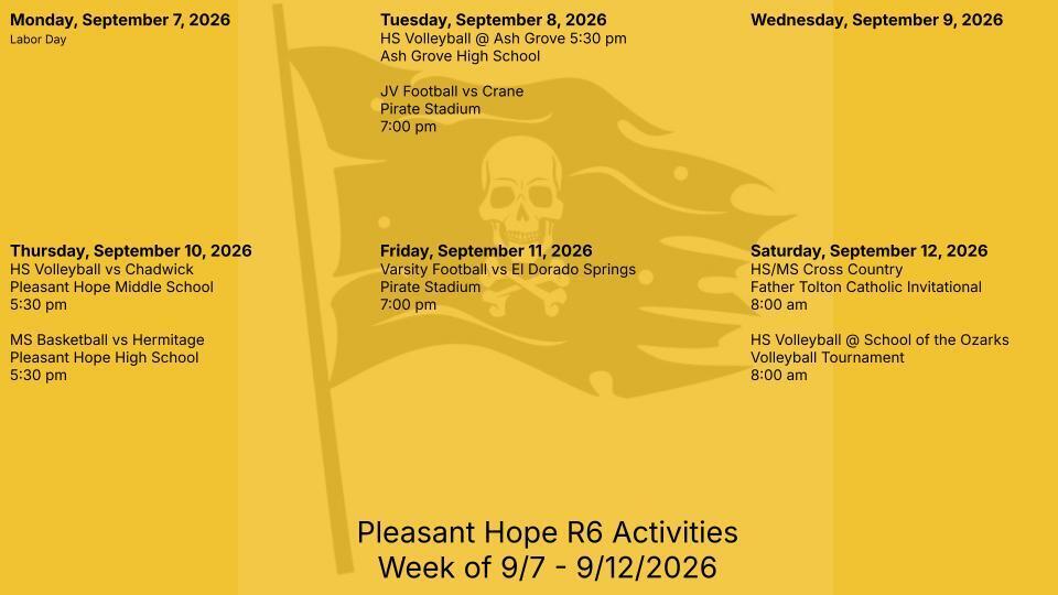 Pleasant Hope activities 9/7 - 9/12/2026