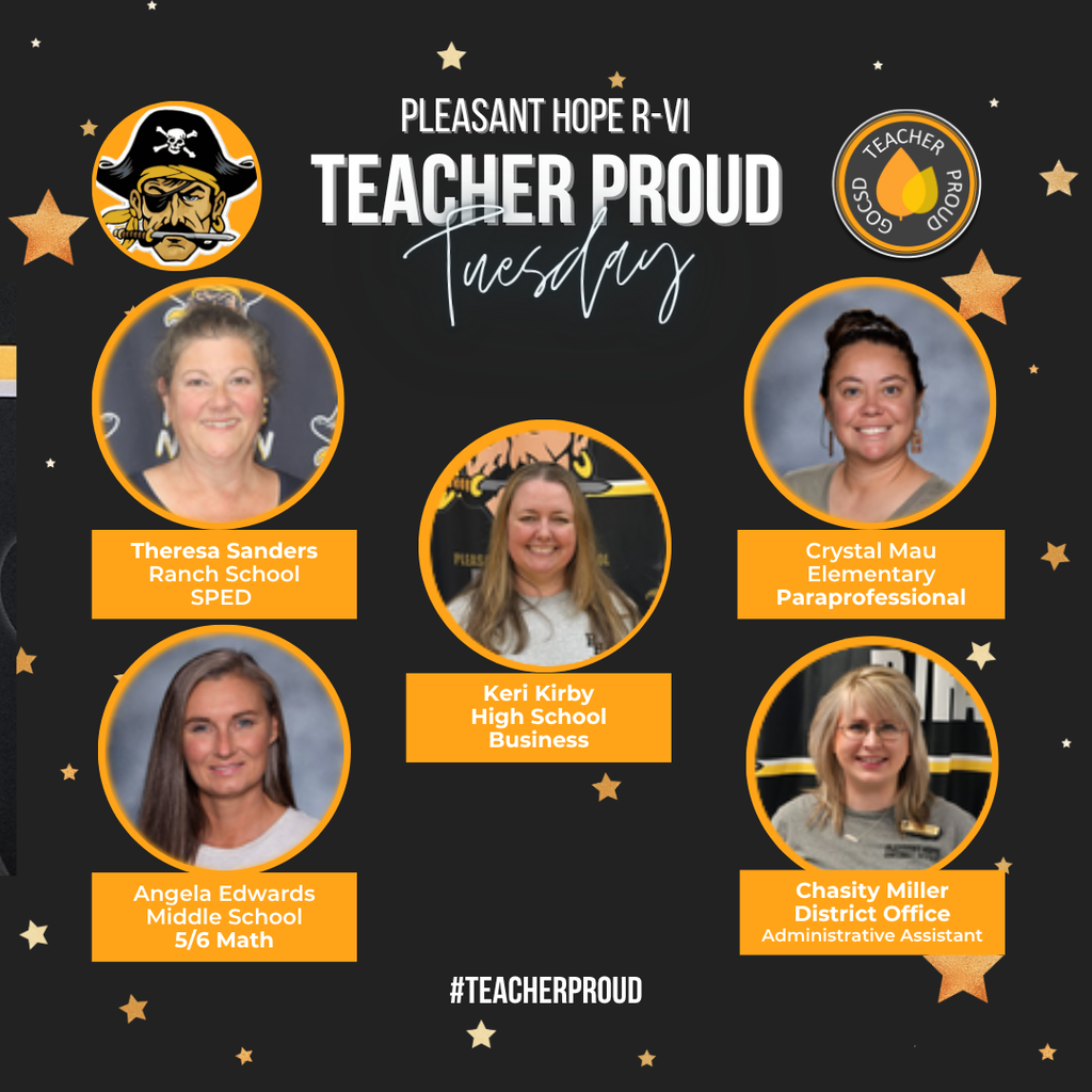 Congratulations to our Pirate staff members of the month! Crystal Mau, PHES Paraprofessional; Angela Edwards, PHMS 5th/6th Math; Keri Kirby, PHHS Business; Theresa Sanders, PHRS SPED; Chastity Miller, PHDO Administrative Assistant    