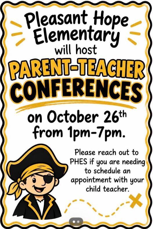 PHES Parent-Teacher Conferences are Monday, October 26th from 1pm-7pm. We are excited to share all the amazing work our PHES students have done! Please call the elementary office if you are needing to schedule a conference or reach out to your child's teacher via the ROOMS app. 