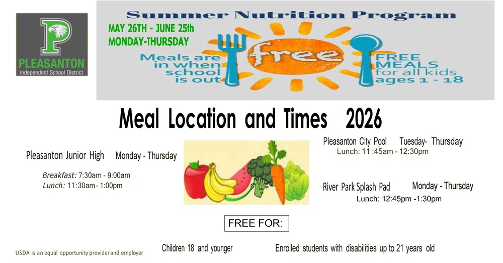 Summer Meal Location and Times, Monday - Thursday