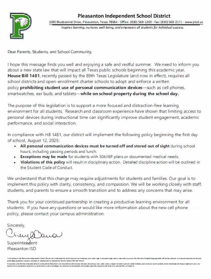 PISD Updated Cellphone Policy