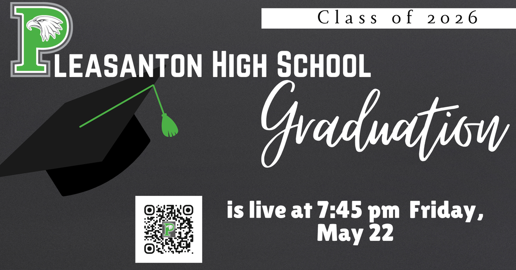 Pleasanton High School Graduation is live at 7:45pm Friday, May 22 at https://www.youtube.com/watch?v=sbQUoDKrlBw