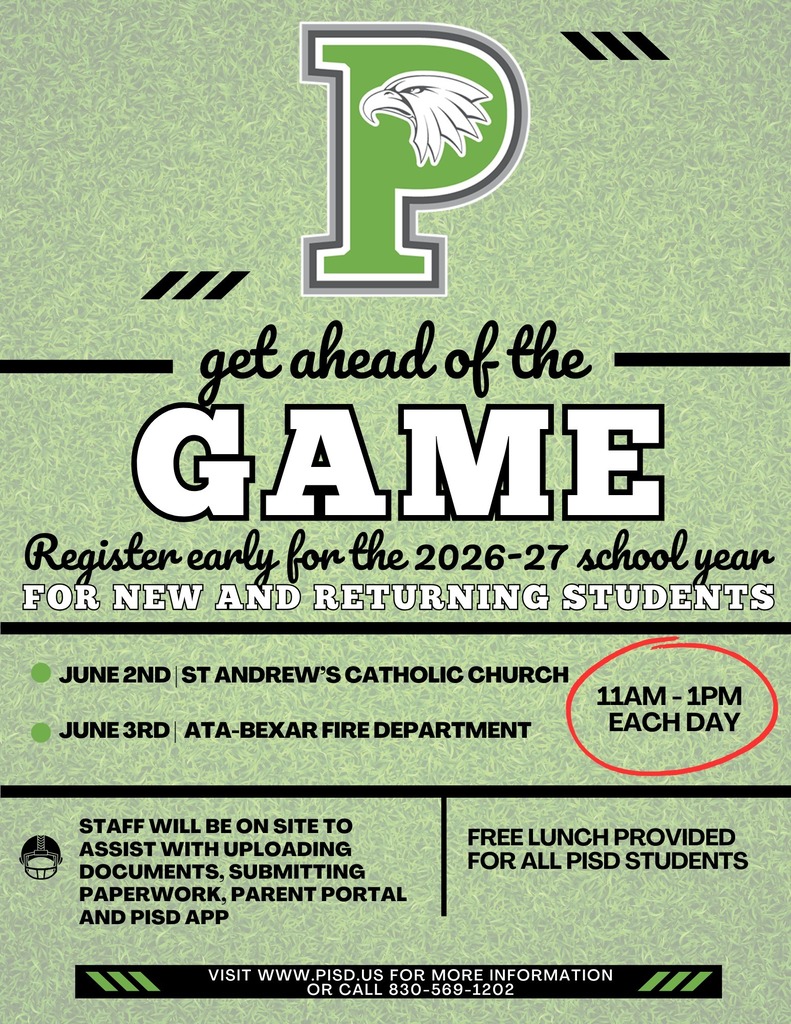 Registration for New and Returning Students, June 2, St. Andrews Church Hall from 11am - 1pm and June 3, Ata-Bexar Fire Department between 11am-1pm
