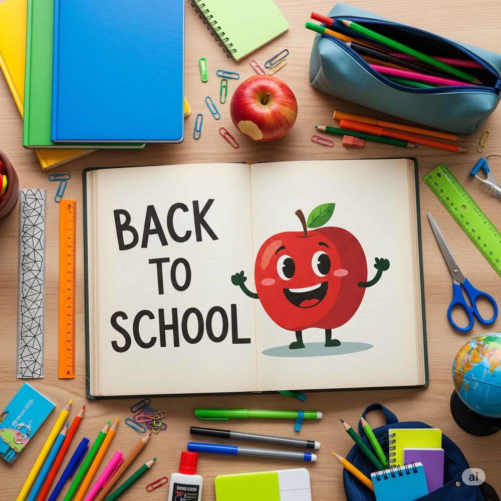 A flat lay image on a wooden desk featuring a variety of school supplies, including notebooks, pencils, and a globe. In the center, an open book displays the words "Back to School" next to a cartoon drawing of a smiling apple.