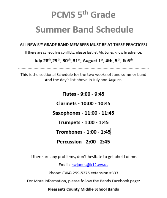 Summer Band Schedule