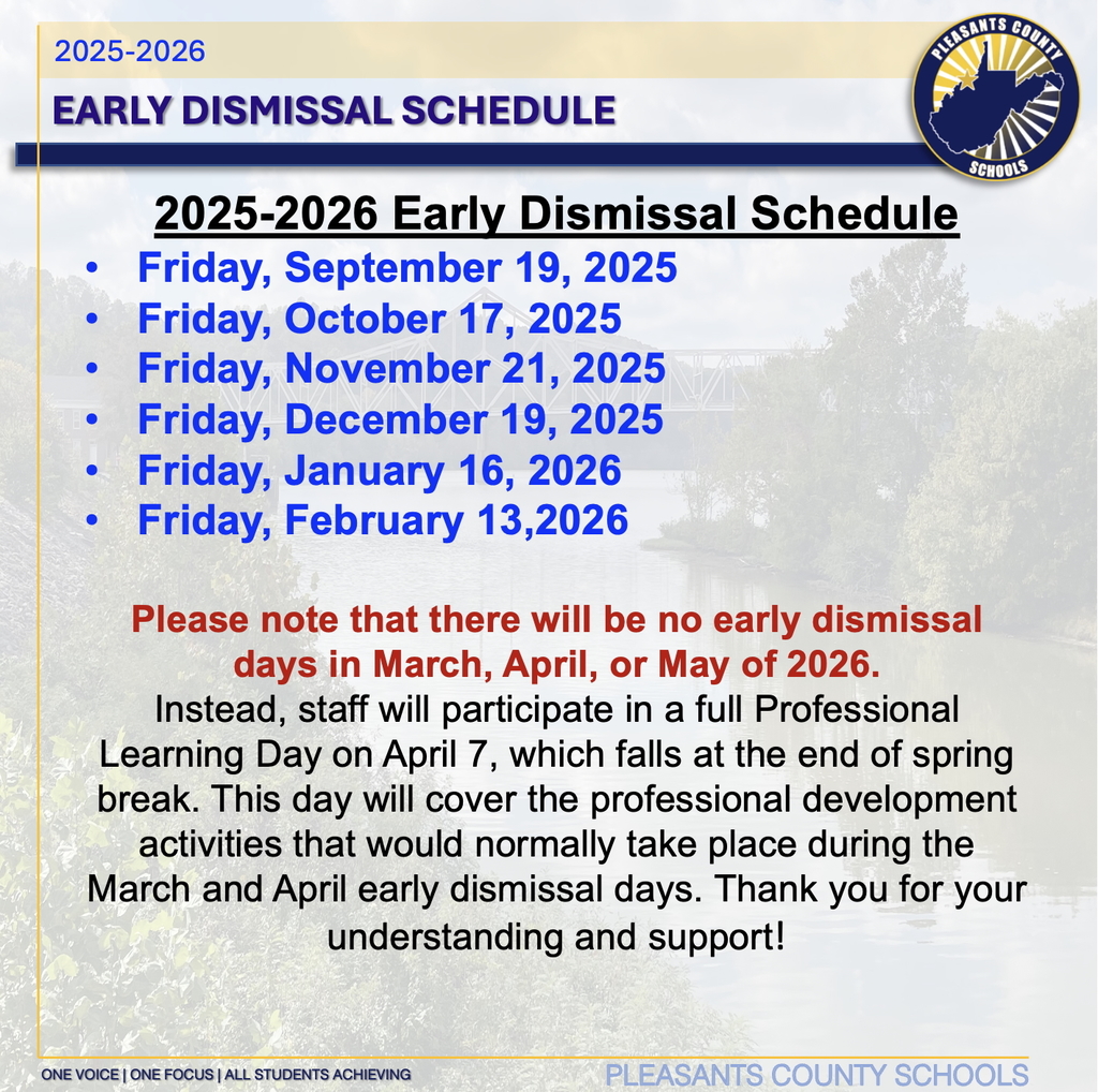 2025-2026 Early Dismissal Schedule Friday, September 19, 2025 Friday, October 17, 2025 Friday, November 21, 2025 Friday, December 19, 2025 Friday, January 16, 2026 Friday, February 13,2026 Please note that there will be no early dismissal days in March, April, or May of 2026. Instead, staff will participate in a full Professional Learning Day on April 7, which falls at the end of spring break. This day will cover the professional development activities that would normally take place during the March and April early dismissal days. Thank you for your understanding and support!