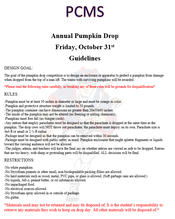 Pumpkin Drop rules for the annual pumpkin drop held at PCMS.