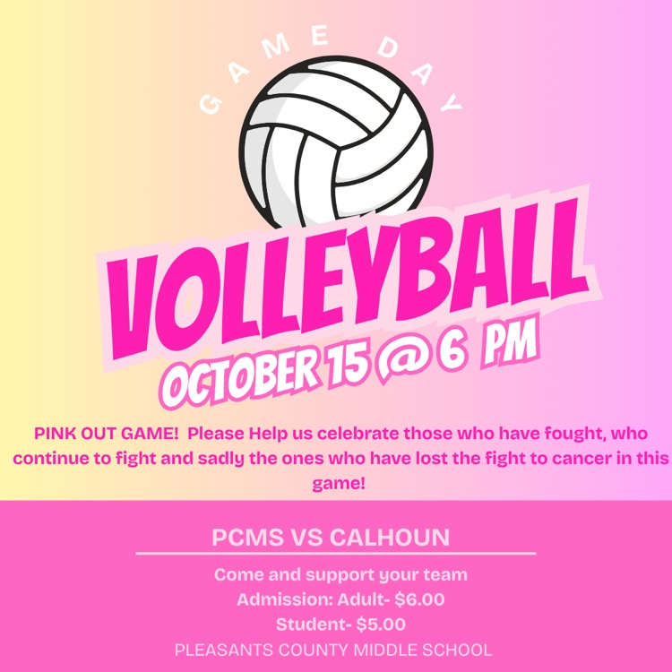 PCMS Home Volleyball Game Tonight starting at 6.