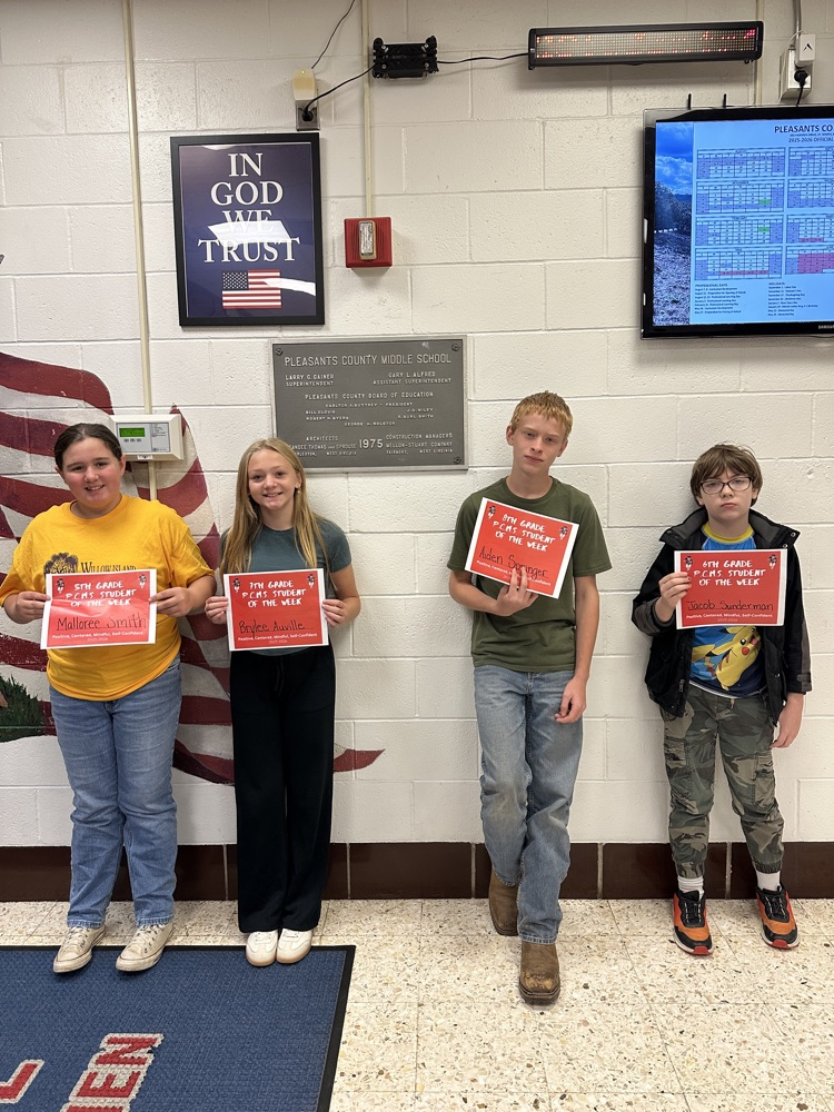 A graphic celebrating the 5th, 6th, 7th, and 8th grade Students of the Week at PCMS. The image highlights students recognized for excellence in academics, leadership, and positive behavior, with school colors