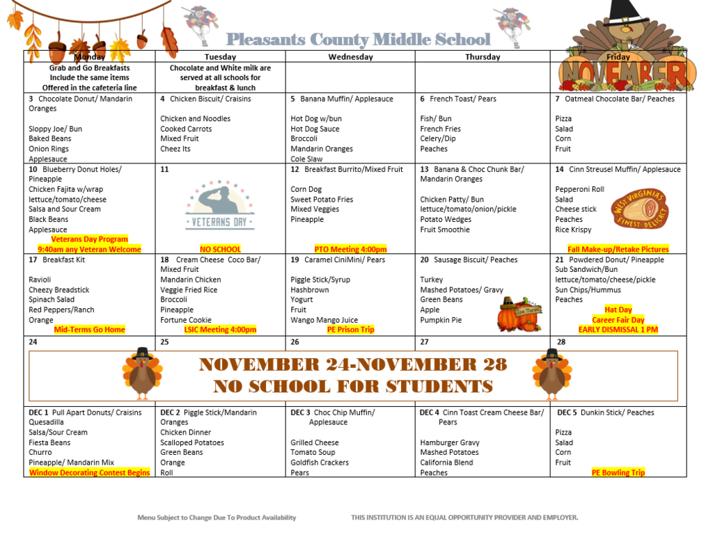 PCMS Lunch Menu for November