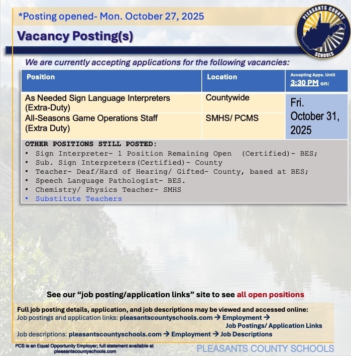 Postings- as needed sign language interpreters; all-seasons game operations staff.