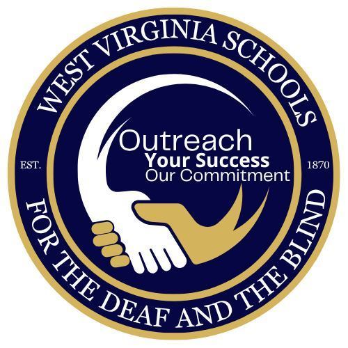 Logo for the WV Schols for the Deaf and Blind, Est. 1870, Outreach, Your success, our commitment with hands clasping.