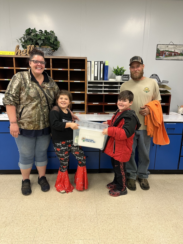 Pictures of a family with a box of items.