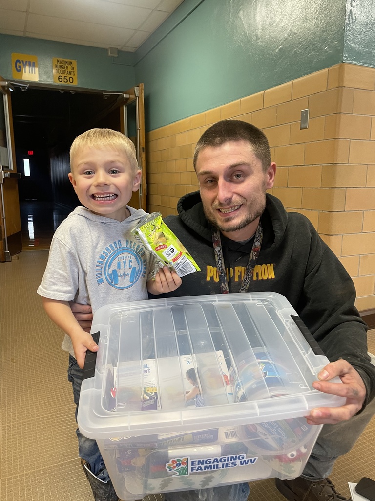 Pictures of a family with a box of items.