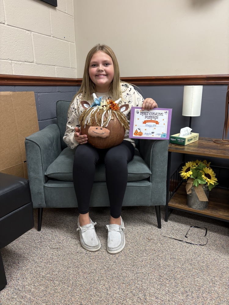 Student Council Annual Pumpkin Decorating Contest winner: Braelyn Colvin…Most Creative Pumpkin…$20 Smith Candy gift card.