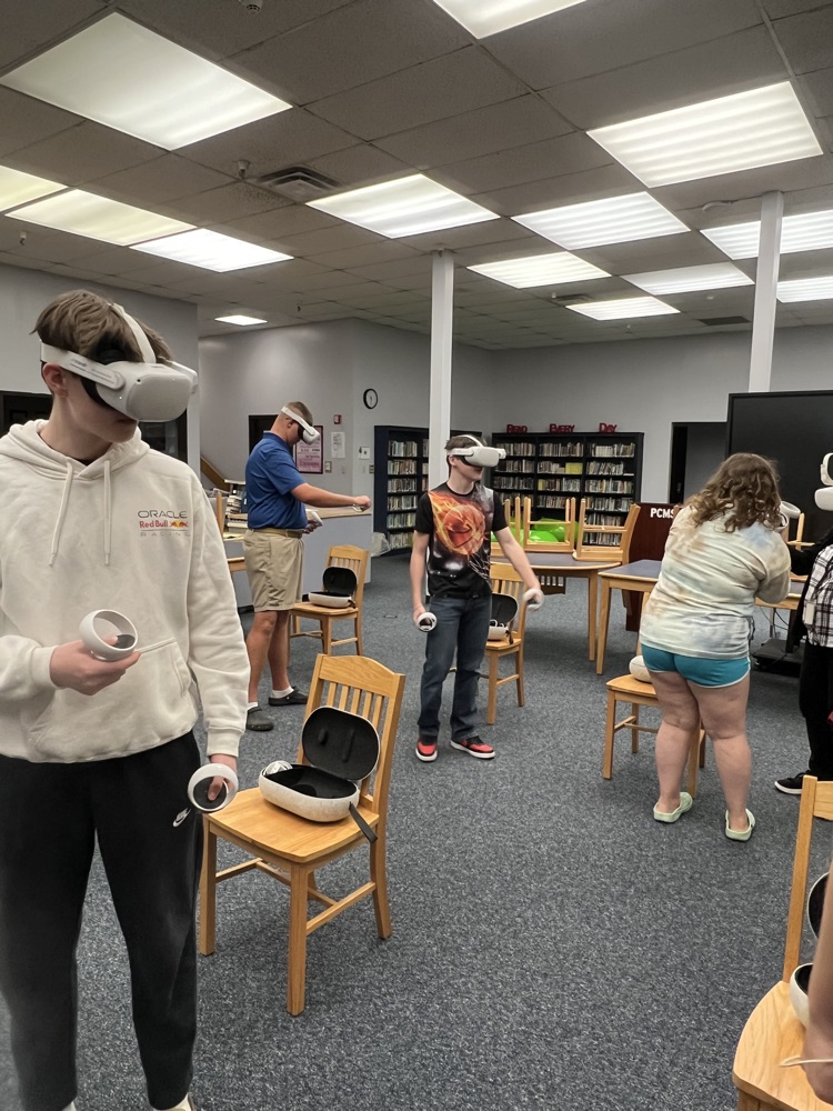 8th grade students using virtual reality headsets during a Workforce WV career exploration activity at PCMS.