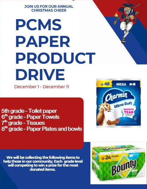 A flyer announcing the PCMS Paper Product Drive from December 1–11, listing donation items by grade and showing images of Charmin toilet paper and Bounty paper towels.