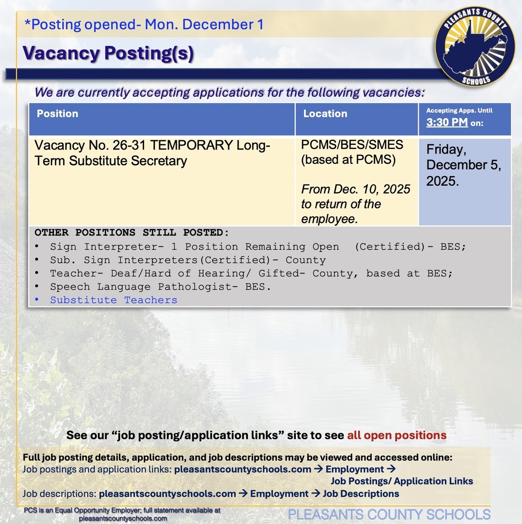 Vacancy No. 26-31 TEMPORARY Long-Term Substitute Secretary 