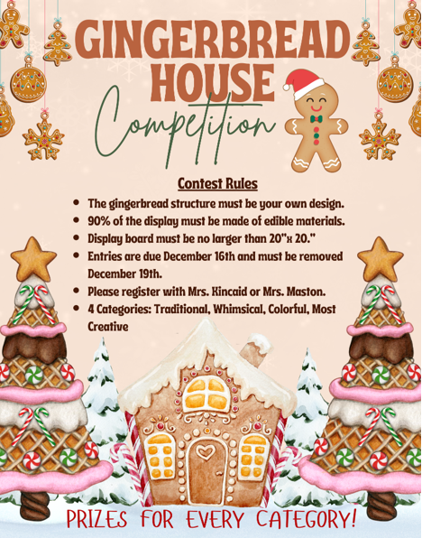 Poster for a Gingerbread House Competition with rules, categories, and images of decorated gingerbread houses and cookies.