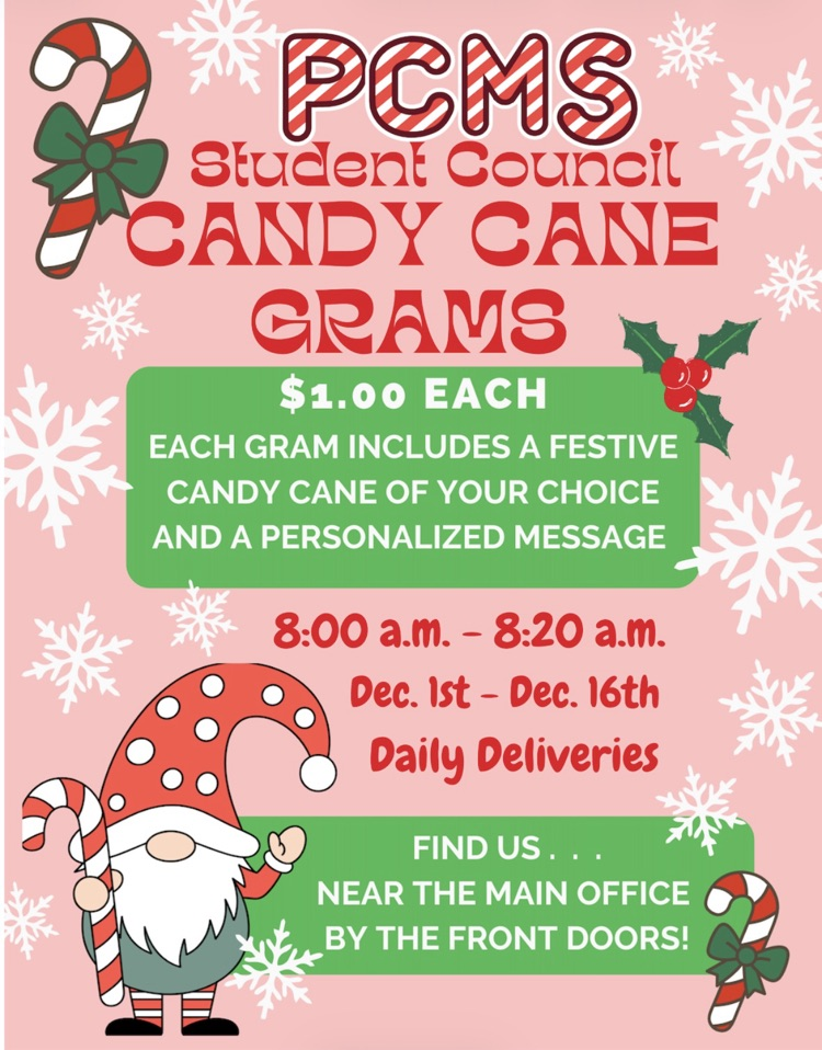 Poster advertising PCMS Student Council Candy Cane Grams with holiday graphics, pricing, dates, and a gnome holding a candy cane.