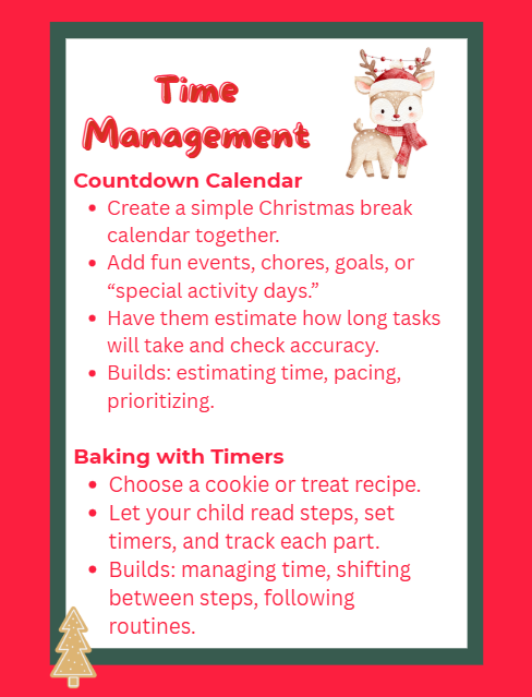 Graphic explaining executive functioning for parents. Icons of a brain, checklist, puzzle pieces, and family activities like cooking, games, and building.