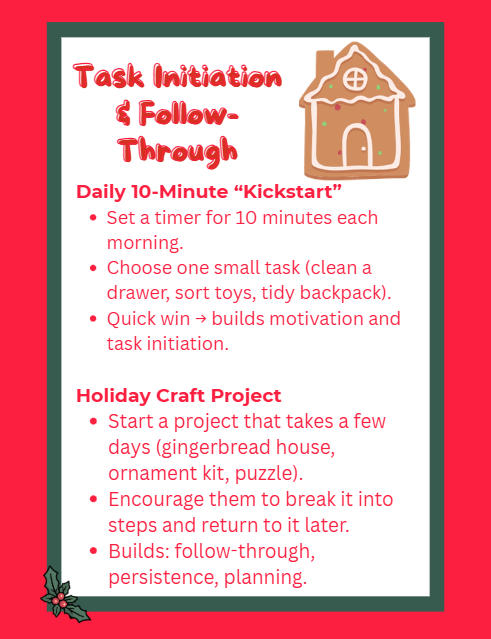 Graphic explaining executive functioning for parents. Icons of a brain, checklist, puzzle pieces, and family activities like cooking, games, and building.