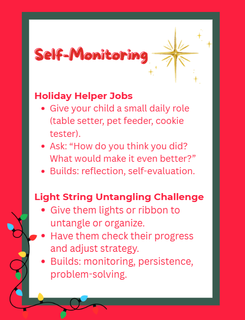 Graphic explaining executive functioning for parents. Icons of a brain, checklist, puzzle pieces, and family activities like cooking, games, and building.
