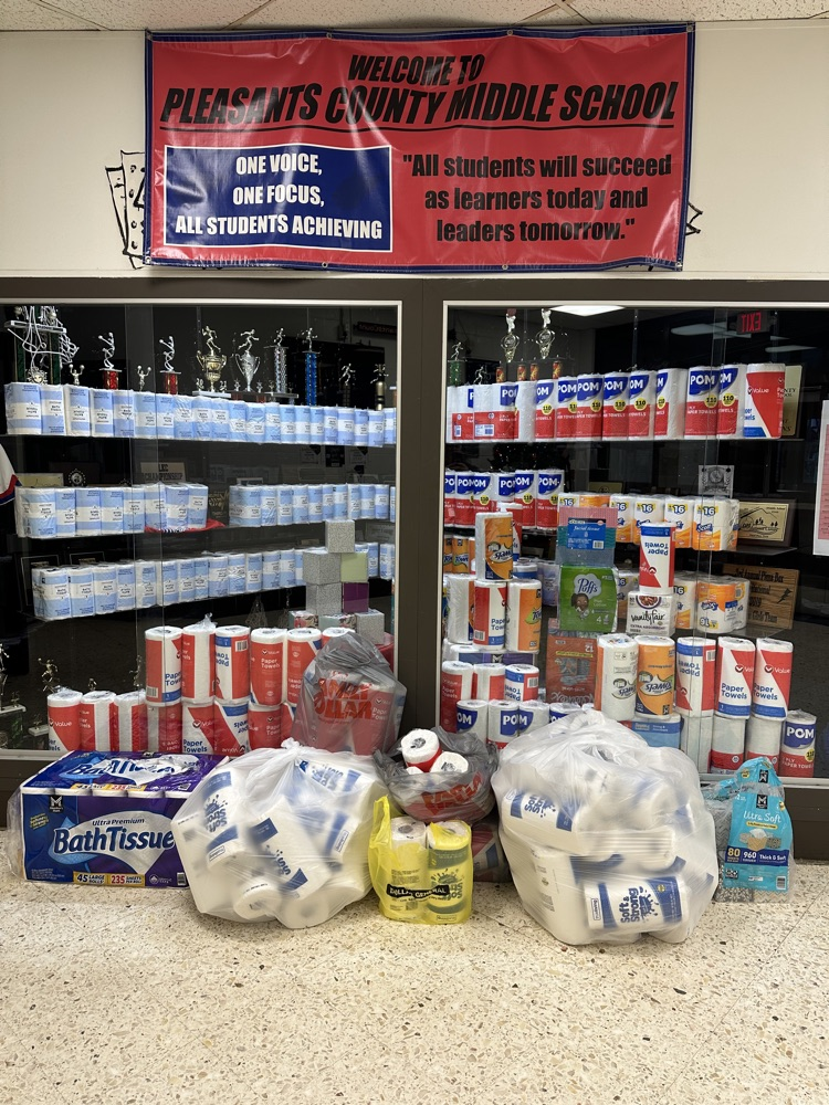 Poster announcing the PCMS Paper Product Drive with images of Charmin toilet paper and Bounty paper towels and a PCMS Minuteman graphic.