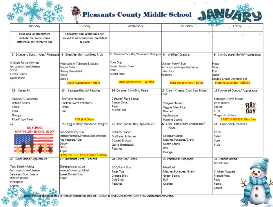 PCMS Lunch Menu for January
