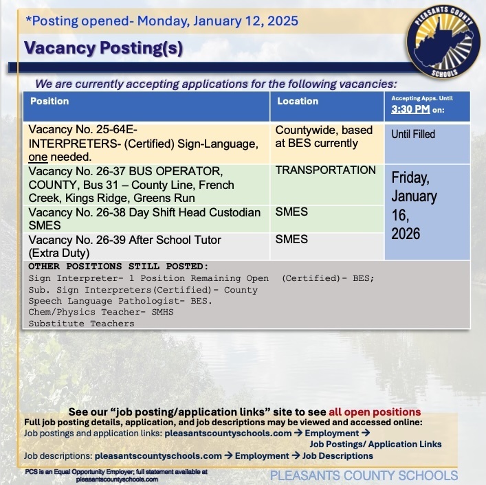 vacancies- Interpreter, County, Custodian, Tutor
