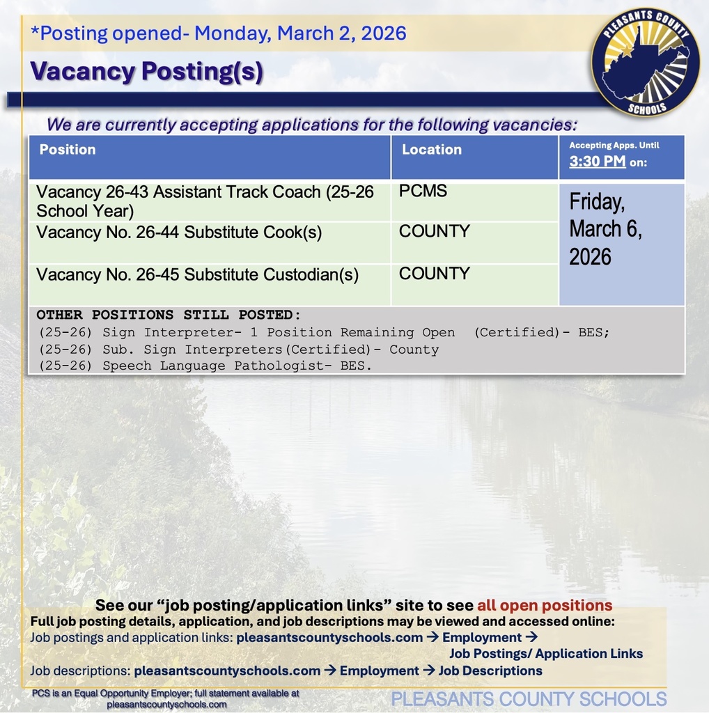 Job Postings- Assistant Track, Substitute Cook or Cooks, Substitute Custodian or Custodians) Apply by March 6, 2026