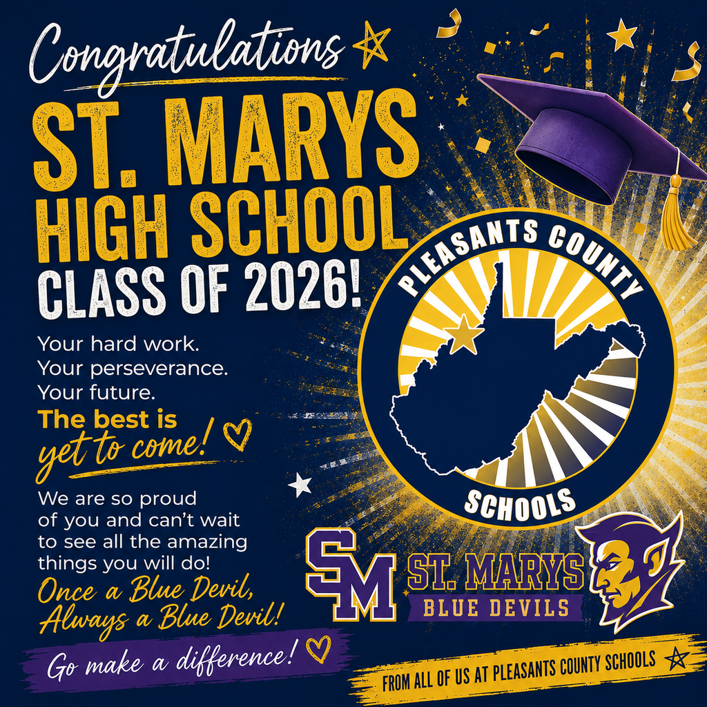 Square graduation-themed graphic in navy blue, gold, and purple celebrating the St. Marys High School Class of 2026. Large gold and white text reads “Congratulations St. Marys High School Class of 2026!” The design features confetti, stars, gold light bursts, and a purple graduation cap in the top corner. The Pleasants County Schools logo appears prominently on the right side with the St. Marys “SM” logo and Blue Devils mascot beneath it. Inspirational text on the left reads: “Your hard work. Your perseverance. Your future. The best is yet to come!” Additional text says, “We are so proud of you and can’t wait to see all the amazing things you will do!” and “Once a Blue Devil, Always a Blue Devil!” A banner at the bottom says, “Go make a difference!” followed by “From all of us at Pleasants County Schools.”