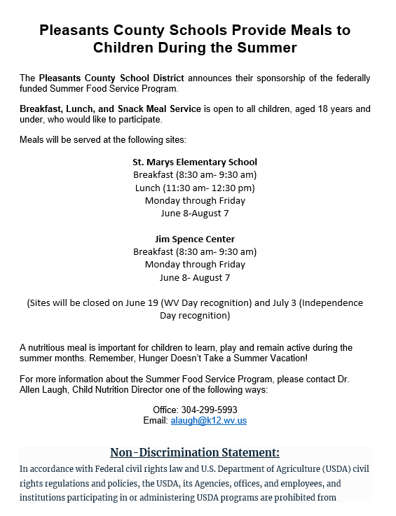 Pleasants County Schools Provide Meals to Children During the Summer