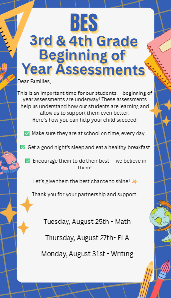 Blue and gold back-to-school graphic with school-themed illustrations around the border. The center reads, "BES 3rd & 4th Grade Beginning of Year Assessments." The graphic explains that beginning-of-year assessments help teachers understand students' learning needs and asks families to ensure students arrive at school on time, get a good night's sleep, eat a healthy breakfast, and do their best. Assessment dates listed are: Tuesday, August 25 – Math; Thursday, August 27 – ELA; Monday, August 31 – Writing. The graphic thanks families for their partnership and support.
