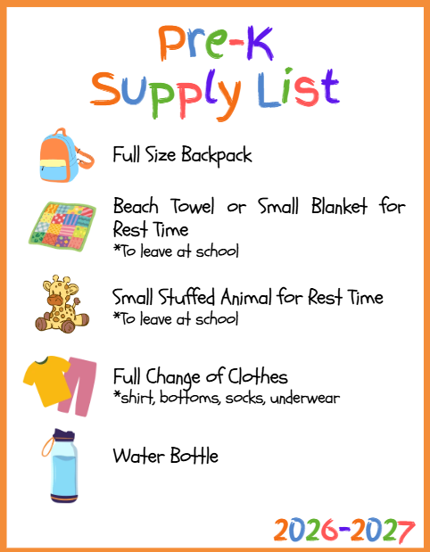 Graphic summarizing Belmont Elementary School's suggested school supply lists by grade level (Pre-K through 4th Grade). The lists include recommended student supplies and optional classroom donations. These items are suggestions only and are not required.