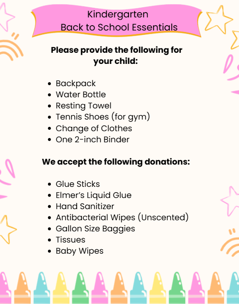 Graphic summarizing Belmont Elementary School's suggested school supply lists by grade level (Pre-K through 4th Grade). The lists include recommended student supplies and optional classroom donations. These items are suggestions only and are not required.